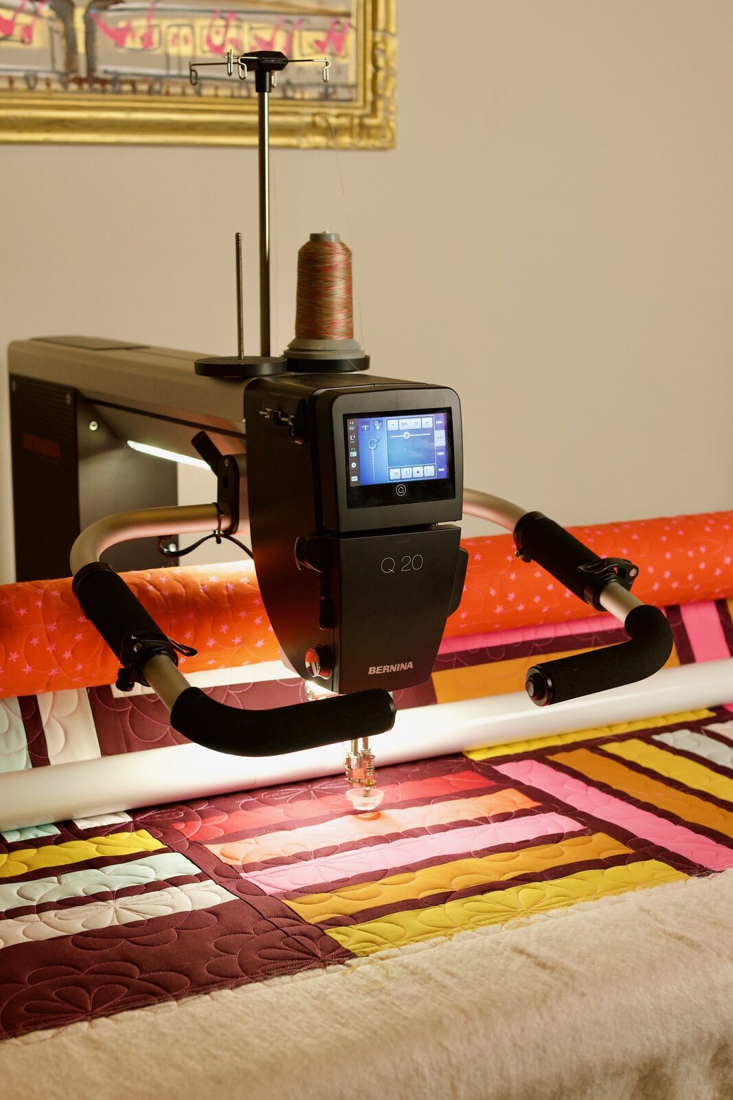 Bernina Q20 longarm machine head with variegated thread