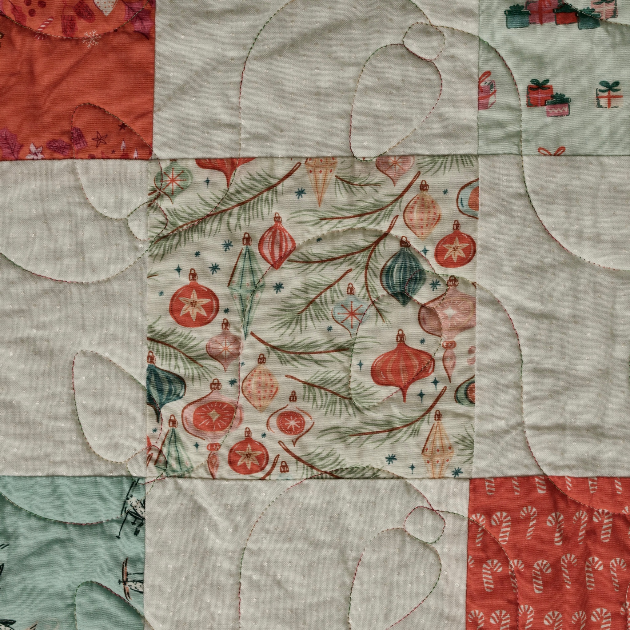 Close-up of vintage ornament novelty print quilting detail